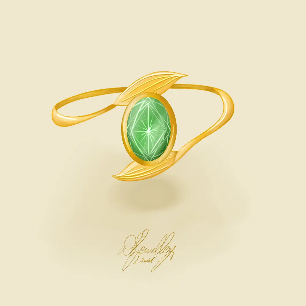 Croquis d'une bague avec pierre précieuse verte