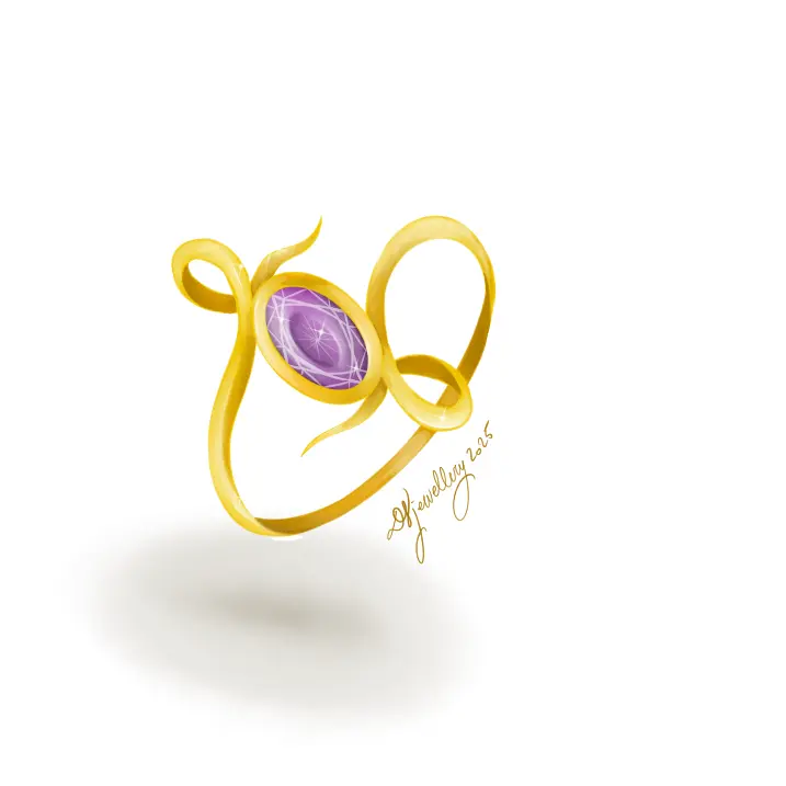 Croquis d'une bague avec pierre précieuse mauve torsadée